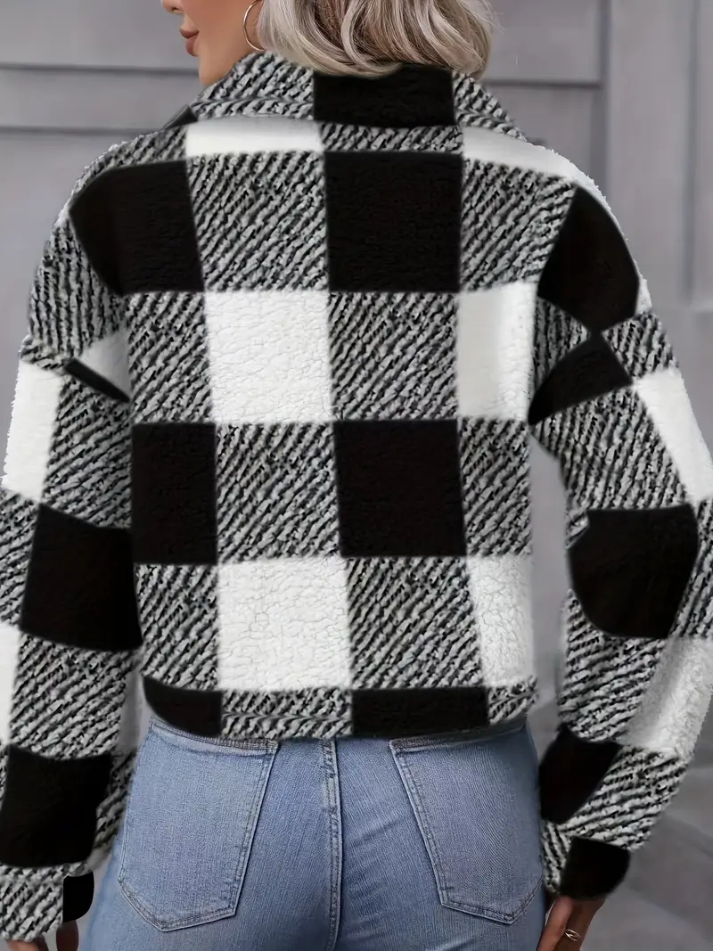 plaid teddy coat casual button front long sleeve winter warm outerwear womens clothing black 1